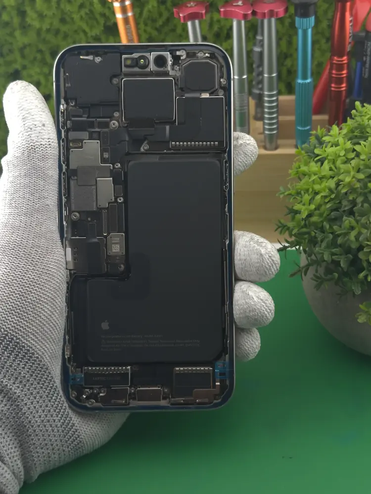 Otwarty iPhone — widać baterię