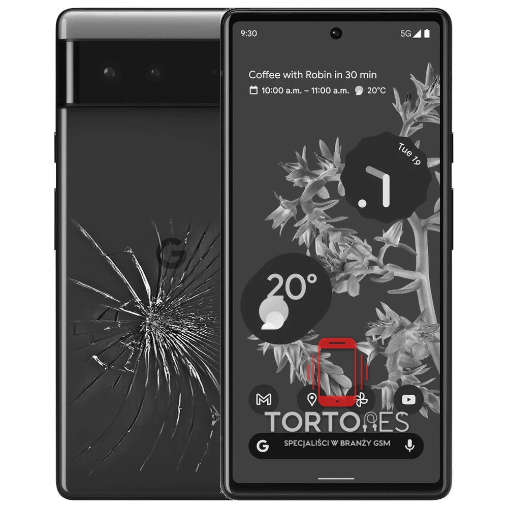 Google Pixel 6 z ilustracją pękniętej tylnej klapki - wymiana zbitej klapki
