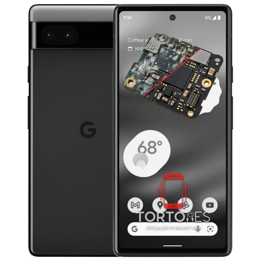 Google Pixel 6a z ilustracją zalania - czyszczenie po zalaniu