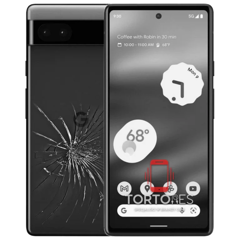 Google Pixel 6a z ilustracją pękniętej tylnej klapki - wymiana zbitej klapki