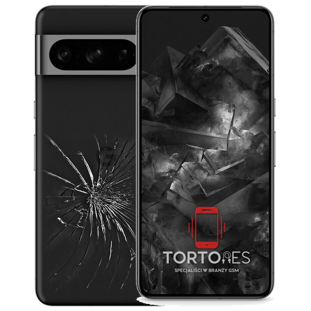 Google Pixel 8 Pro z ilustracją pękniętej tylnej klapki - wymiana zbitej klapki