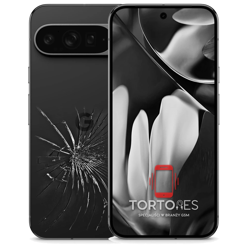 Google Pixel 9 Pro XL z ilustracją pękniętej tylnej klapki - wymiana zbitej klapki