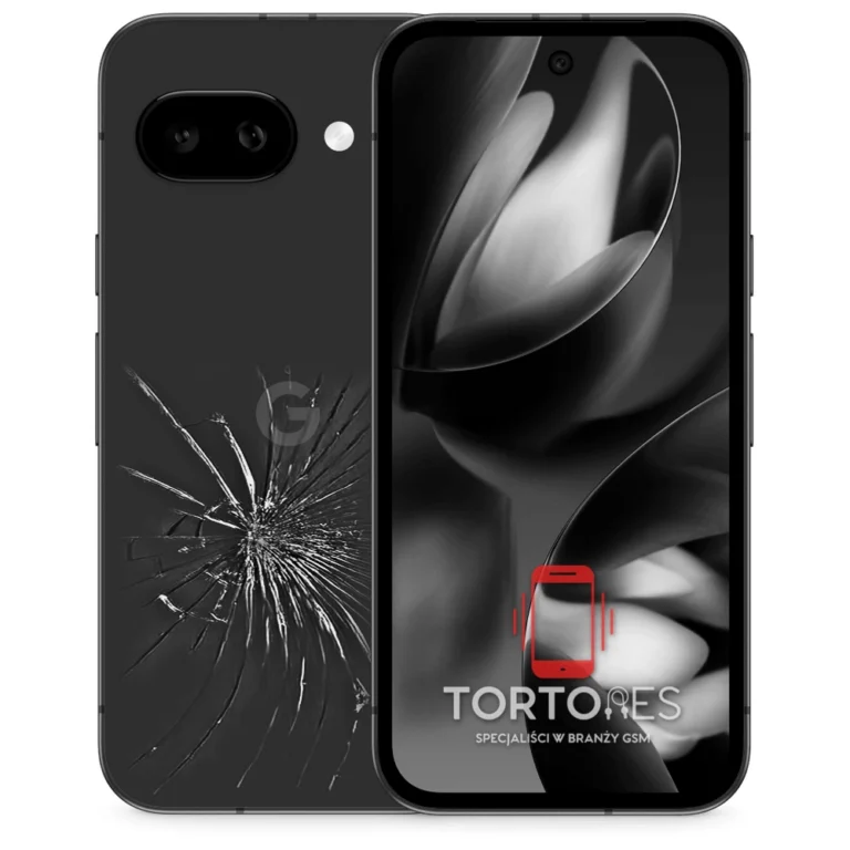 Google Pixel 9a z ilustracją pękniętej tylnej klapki - wymiana zbitej klapki