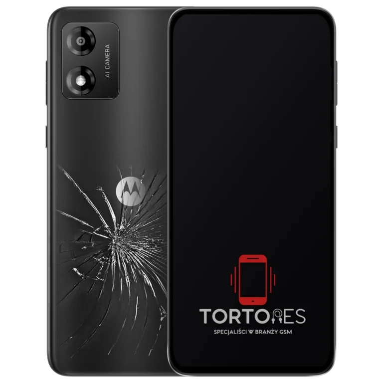Motorola Moto E13 z ilustracją pękniętej tylnej klapki - wymiana zbitej klapki