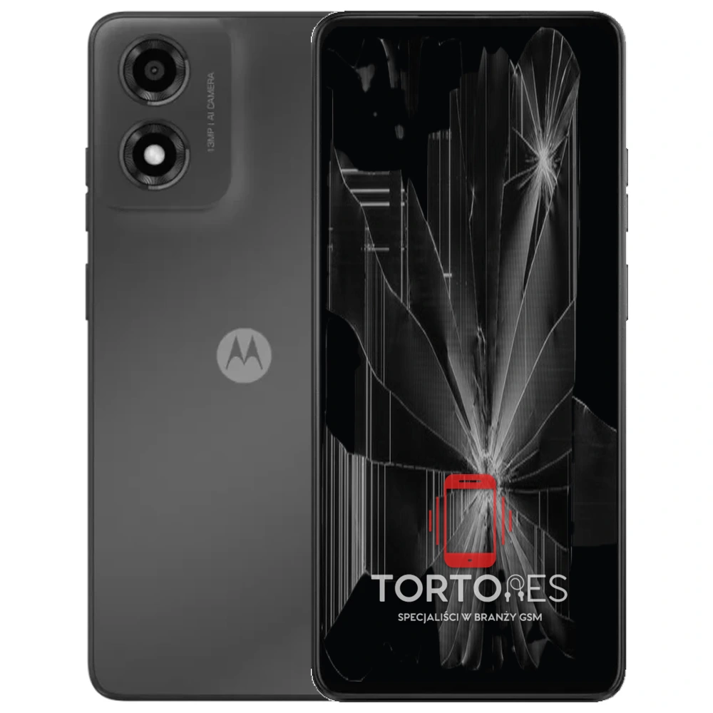 Motorola Moto E14 z ilustracją pękniętego wyświetlacza - wymiana zbitego wyświetlacza
