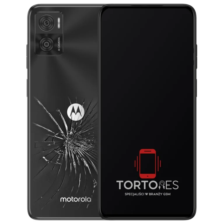 Motorola Moto E22 z ilustracją pękniętej tylnej klapki - wymiana zbitej klapki