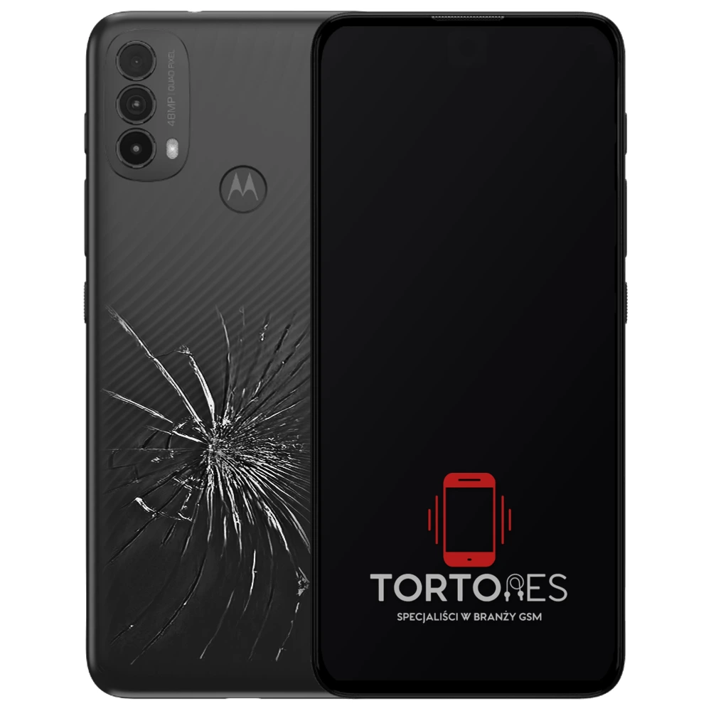 Motorola Moto E30 z ilustracją pękniętej tylnej klapki - wymiana zbitej klapki