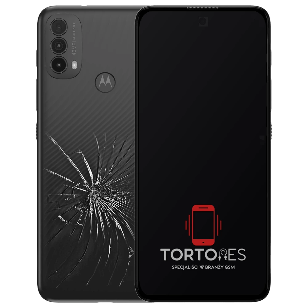 Motorola Moto E40 z ilustracją pękniętej tylnej klapki - wymiana zbitej klapki
