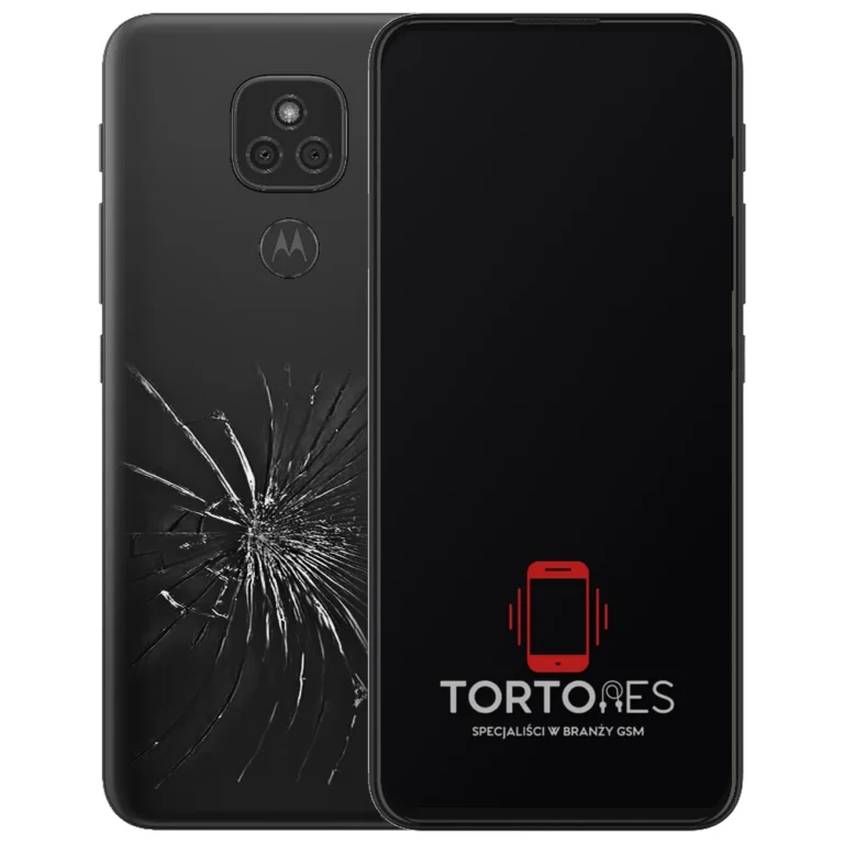 Motorola Moto E7 Plus z ilustracją pękniętej tylnej klapki - wymiana zbitej klapki