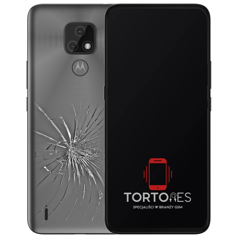 Motorola Moto E7 z ilustracją pękniętej tylnej klapki - wymiana zbitej klapki
