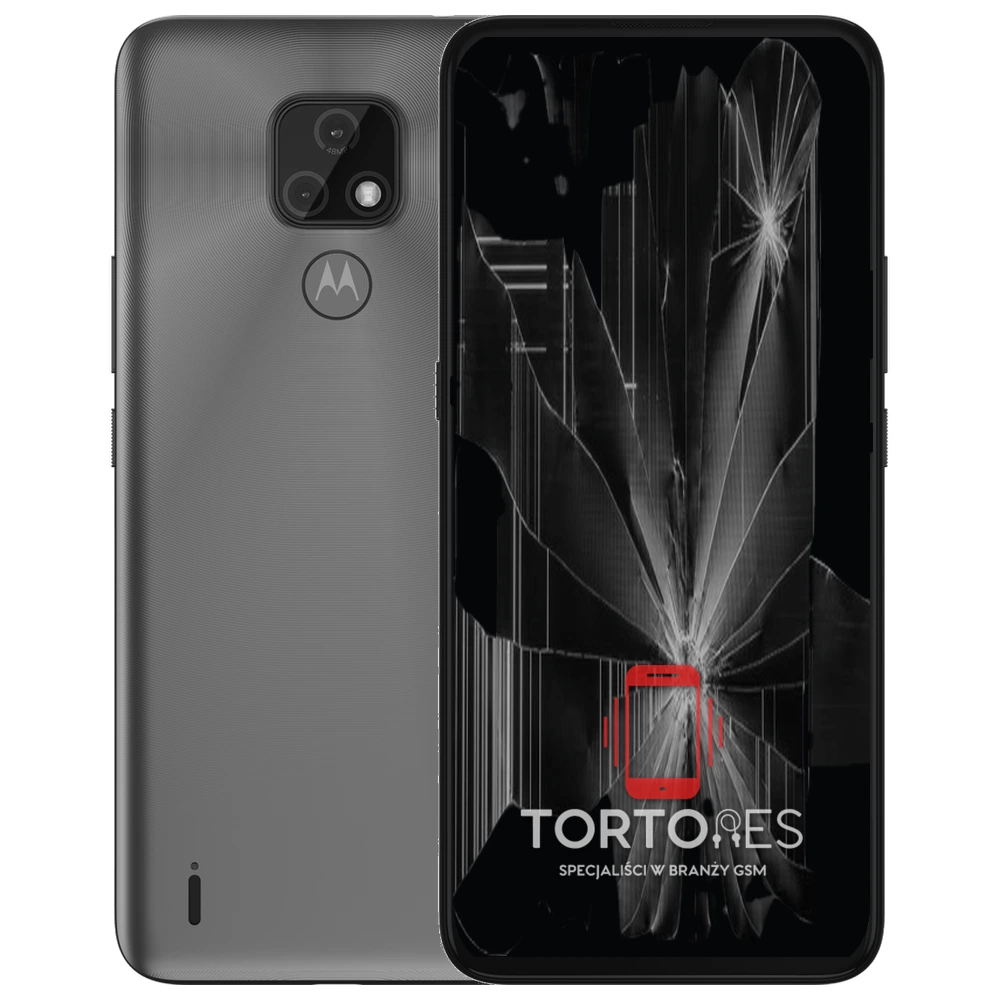 Motorola Moto E7 z ilustracją pękniętego wyświetlacza - wymiana zbitego wyświetlacza