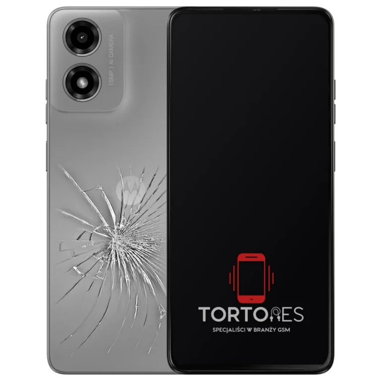 Motorola Moto G04 z ilustracją pękniętej tylnej klapki - wymiana zbitej klapki