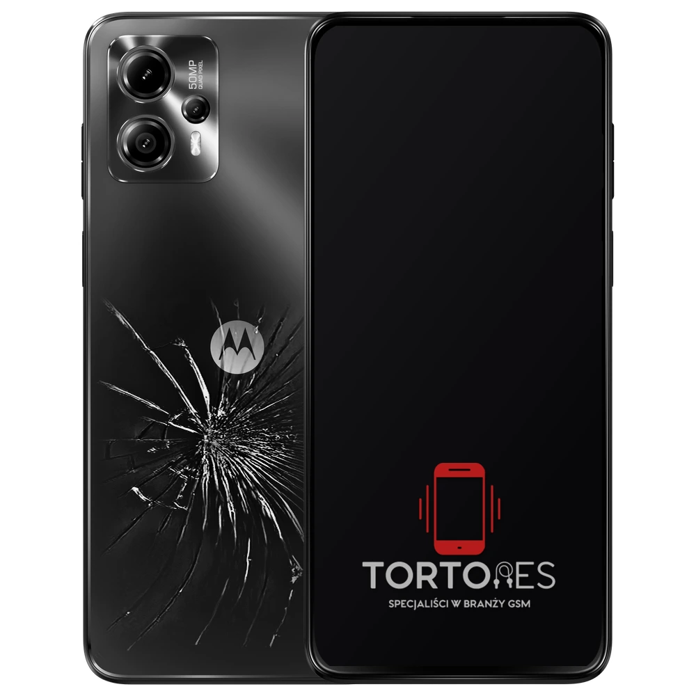 Motorola Moto G13 z ilustracją pękniętej tylnej klapki - wymiana zbitej klapki
