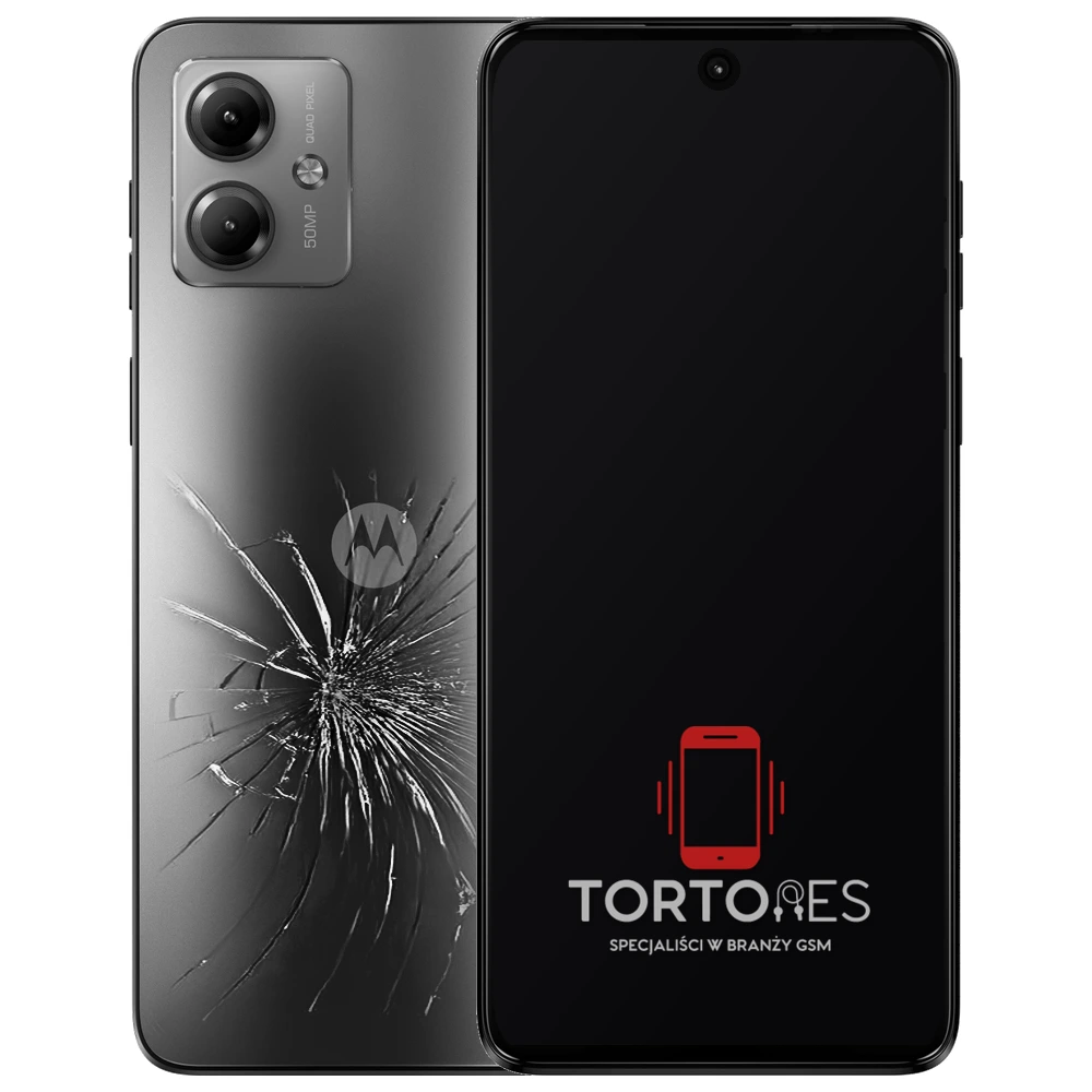 Motorola Moto G14 z ilustracją pękniętej tylnej klapki - wymiana zbitej klapki