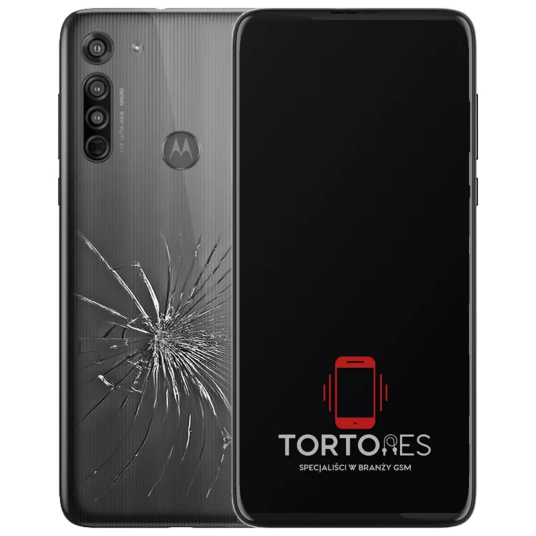Motorola Moto G8 z ilustracją pękniętej tylnej klapki - wymiana zbitej klapki