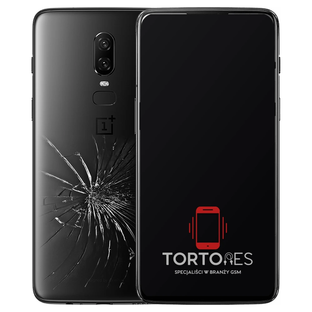 OnePlus 6 z ilustracją pękniętej tylnej klapki - wymiana zbitej klapki