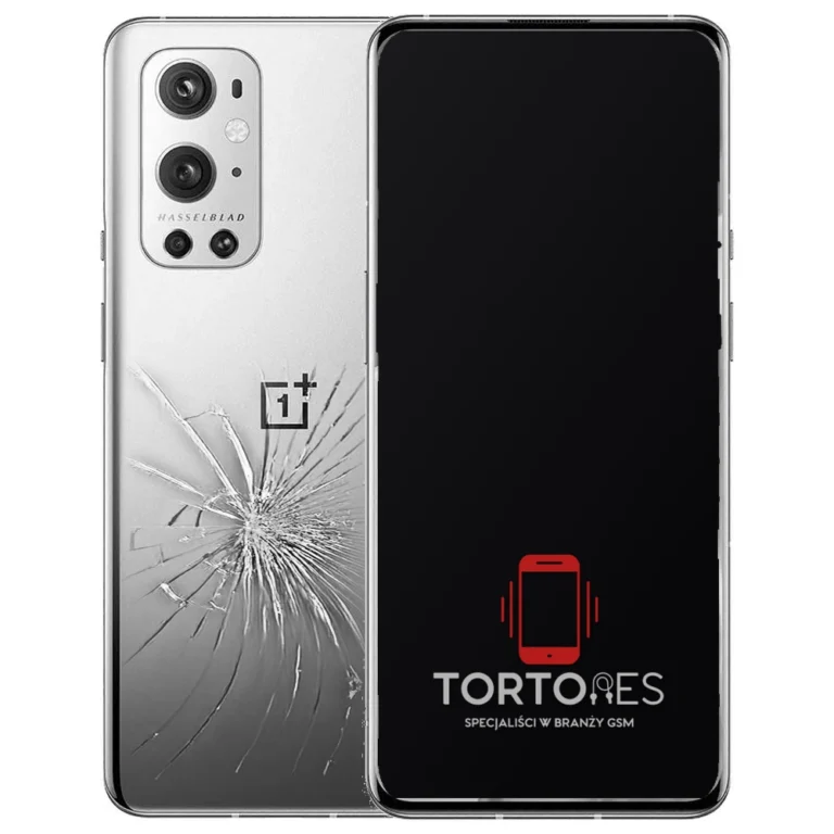 OnePlus 9 Pro z ilustracją pękniętej tylnej klapki - wymiana zbitej klapki