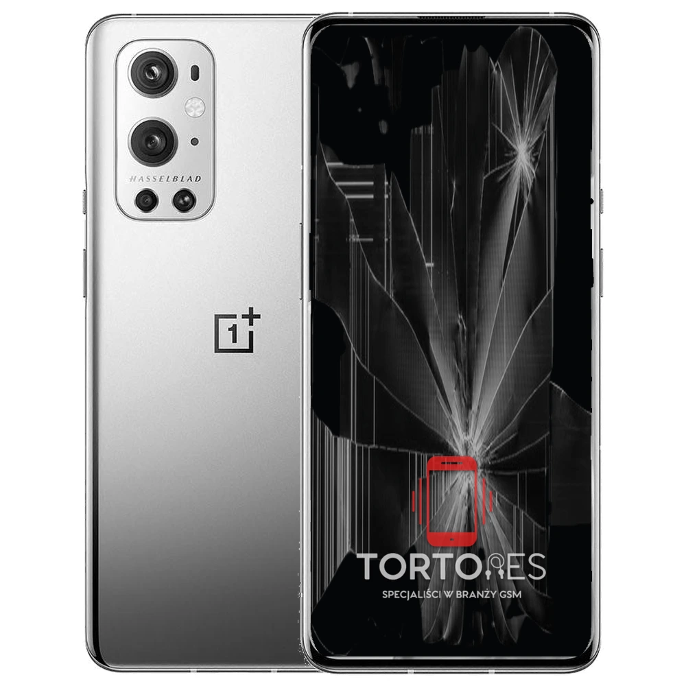 OnePlus 9 Pro z ilustracją pękniętego wyświetlacza - wymiana zbitego wyświetlacza