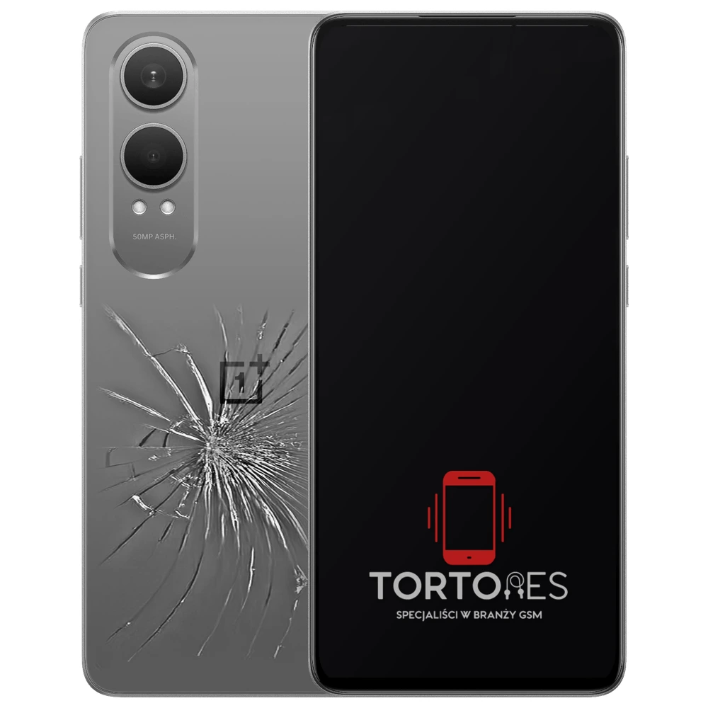OnePlus Nord CE4 Lite 5G z ilustracją pękniętej tylnej klapki - wymiana zbitej klapki