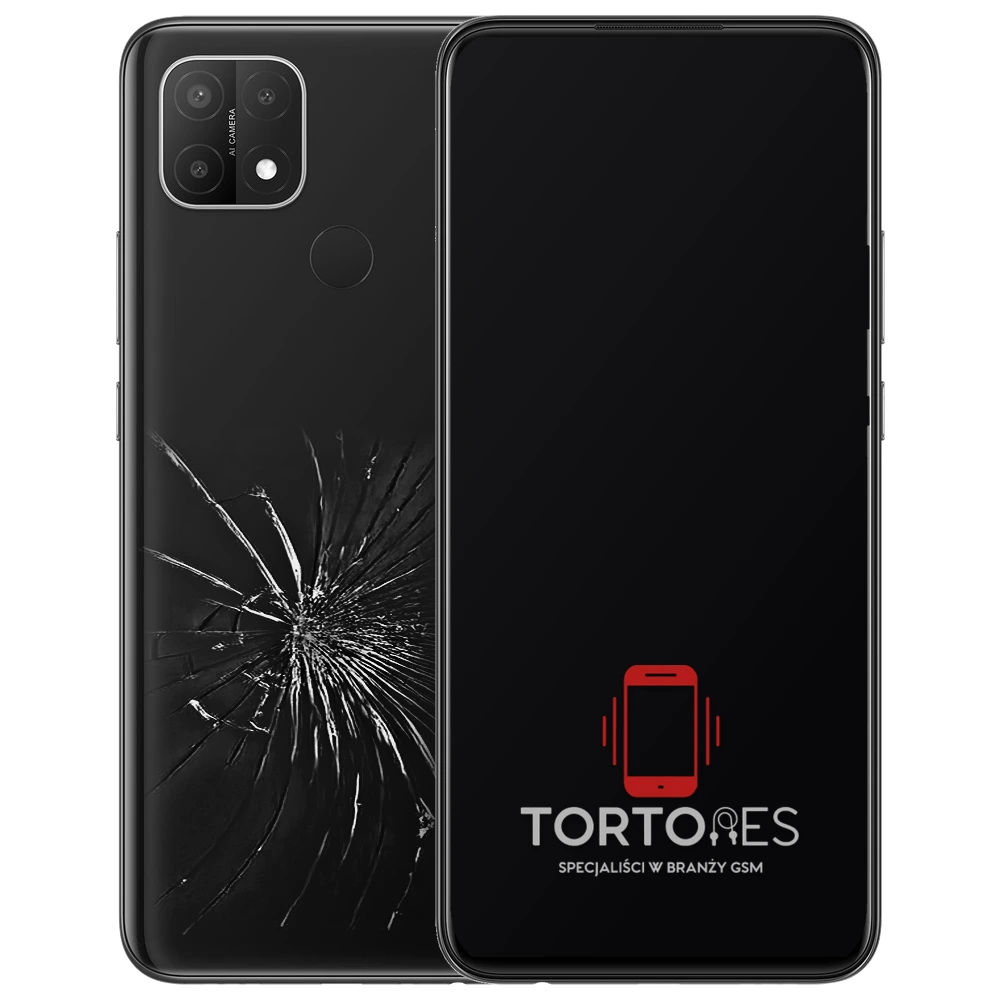 OPPO A15 z ilustracją pękniętej tylnej klapki - wymiana zbitej klapki