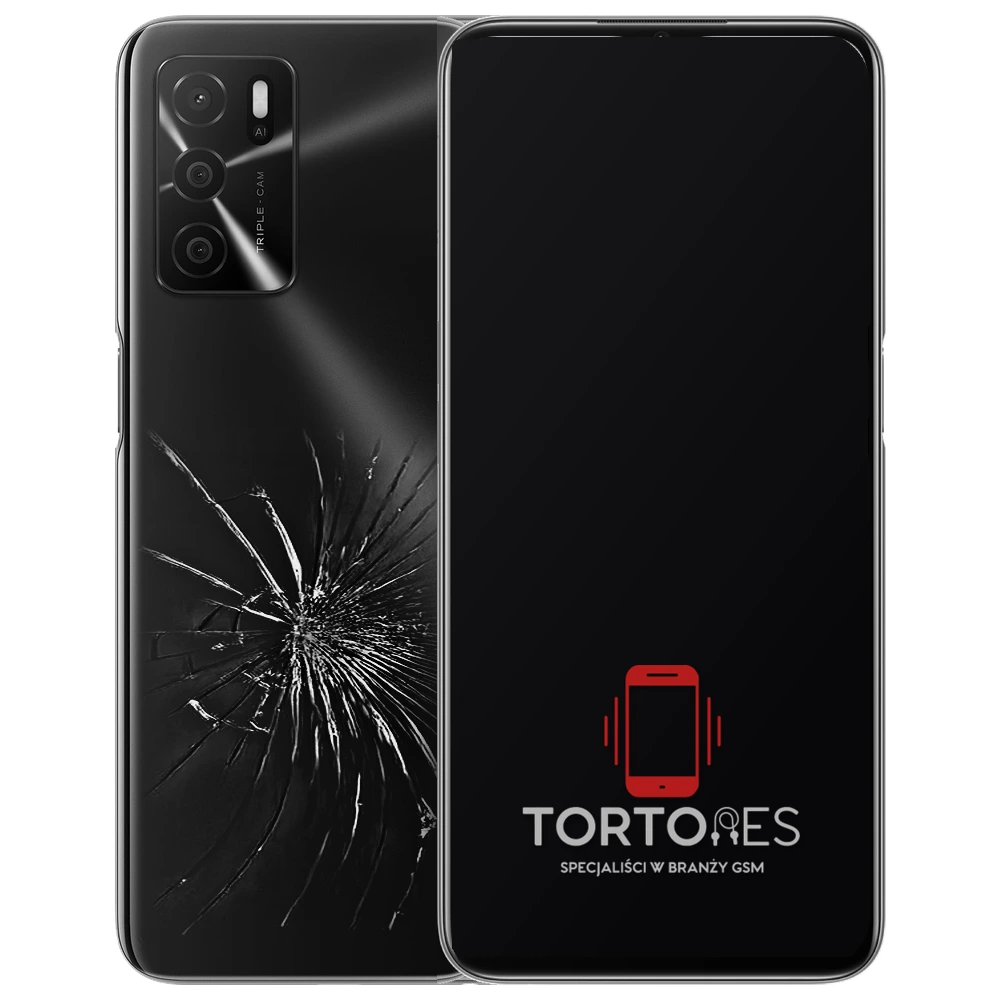 OPPO A16 z ilustracją pękniętej tylnej klapki - wymiana zbitej klapki