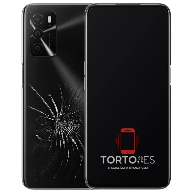 OPPO A16s z ilustracją pękniętej tylnej klapki - wymiana zbitej klapki