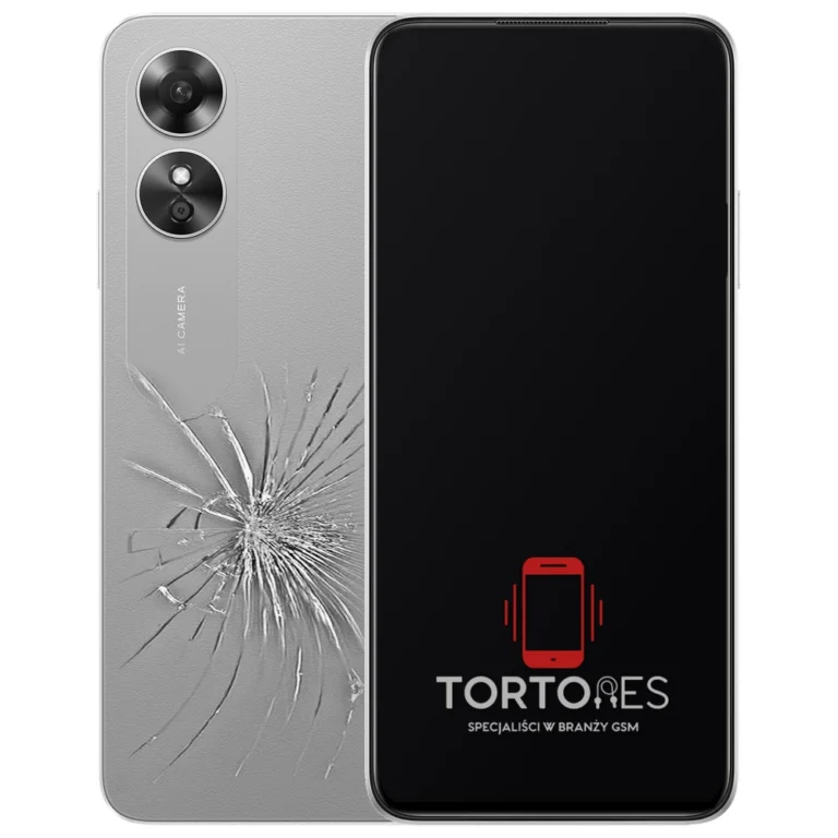 OPPO A17 z ilustracją pękniętej tylnej klapki - wymiana zbitej klapki