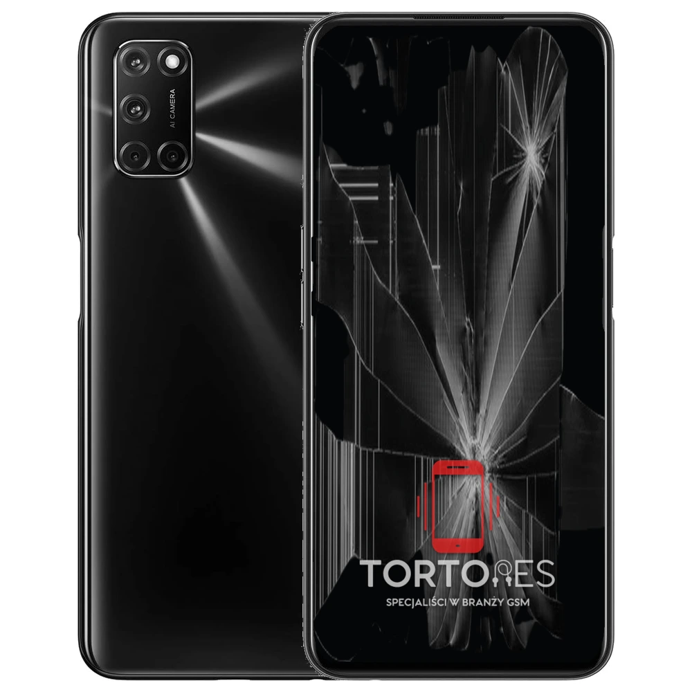 OPPO A52 z ilustracją pękniętego wyświetlacza - wymiana zbitego wyświetlacza