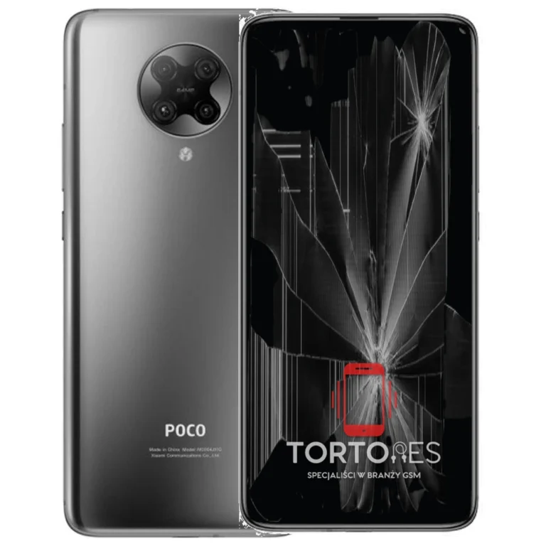 POCO F2 Pro z ilustracją pękniętego wyświetlacza - wymiana zbitego wyświetlacza