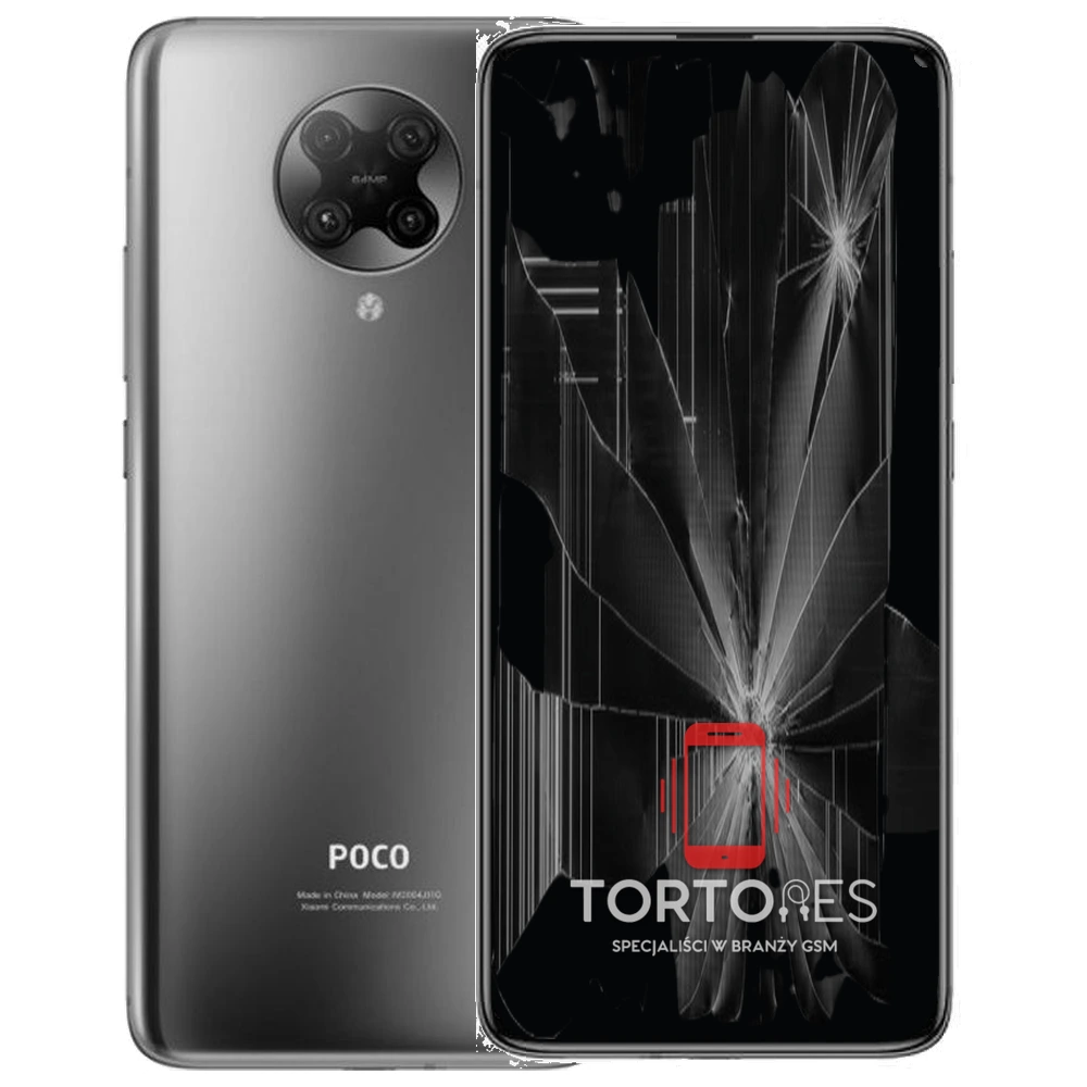 POCO F2 Pro z ilustracją pękniętego wyświetlacza - wymiana zbitego wyświetlacza