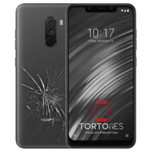 POCOPHONE F1 z ilustracją pękniętej tylnej klapki - wymiana zbitej klapki