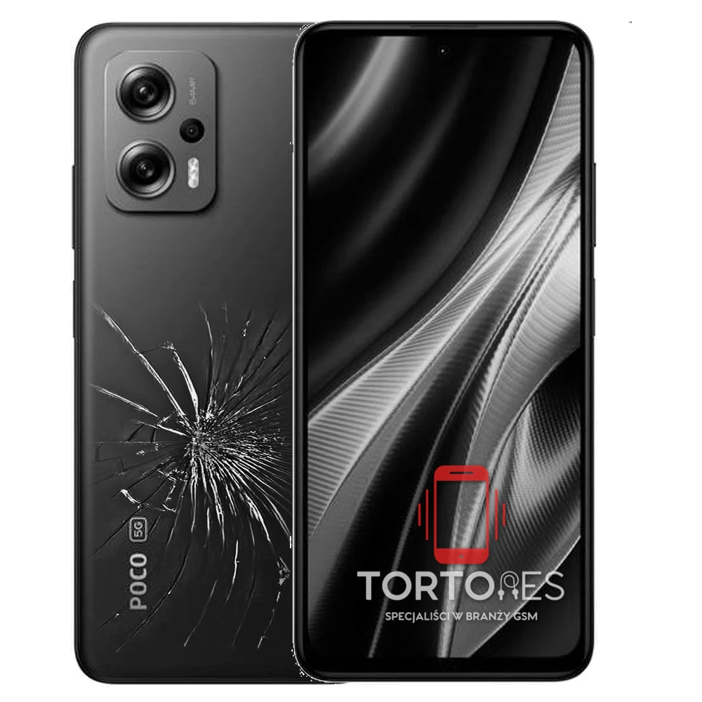 POCO X4 GT z ilustracją pękniętej tylnej klapki - wymiana zbitej klapki