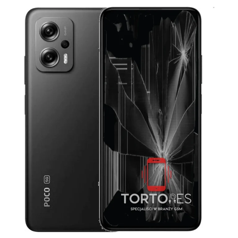 POCO X4 GT z ilustracją pękniętego wyświetlacza - wymiana zbitego wyświetlacza