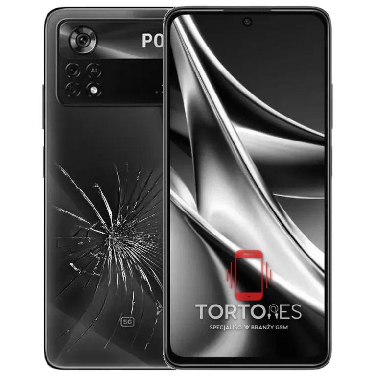 POCO X4 Pro 5G z ilustracją pękniętej tylnej klapki - wymiana zbitej klapki