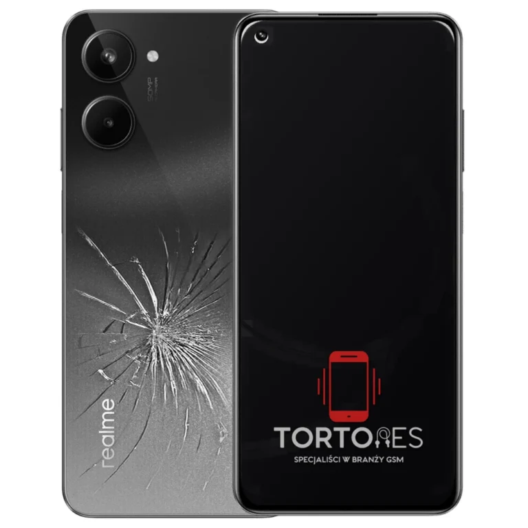 Realme 10 4G z ilustracją pękniętej tylnej klapki - wymiana zbitej klapki