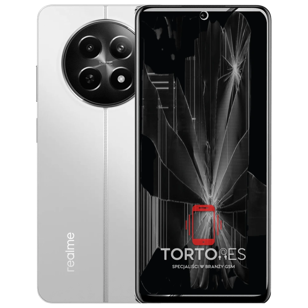 Realme 12 5G z ilustracją pękniętego wyświetlacza - wymiana zbitego wyświetlacza