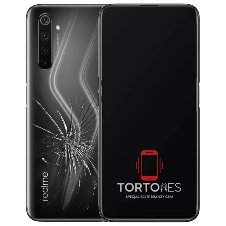 Realme 6 Pro z ilustracją pękniętej tylnej klapki - wymiana zbitej klapki