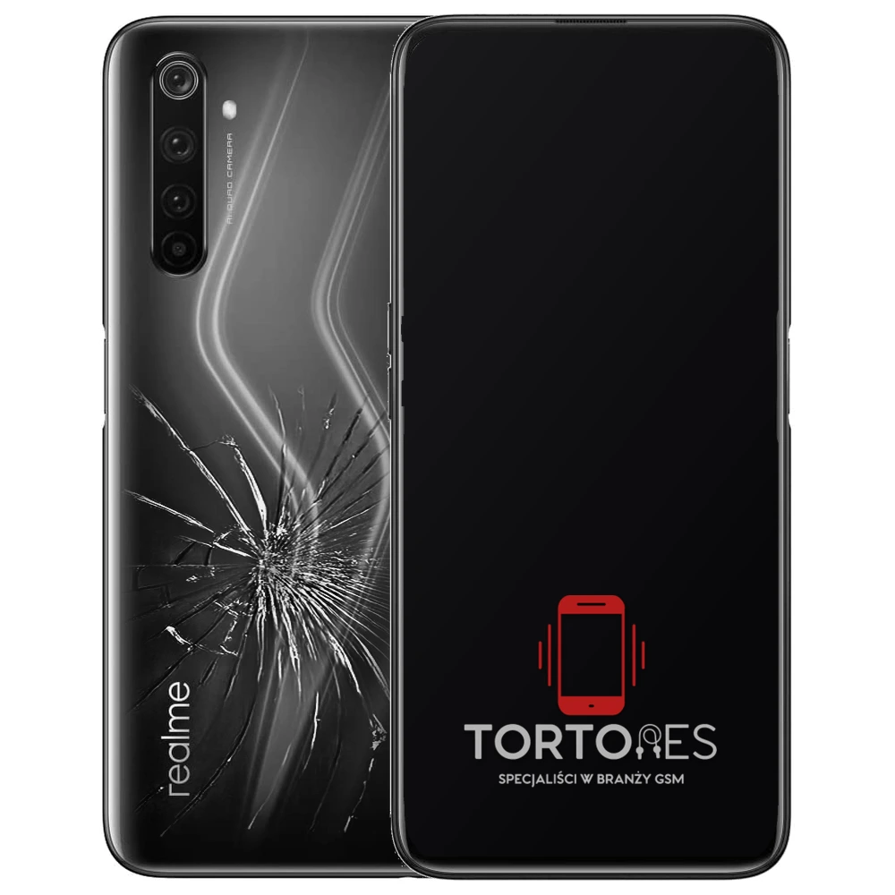 Realme 6 Pro z ilustracją pękniętej tylnej klapki - wymiana zbitej klapki