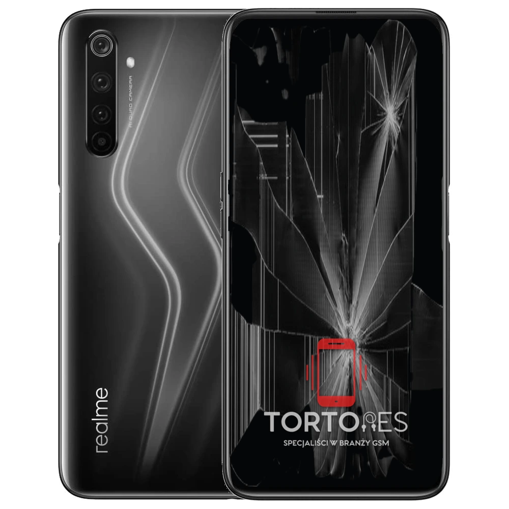 Realme 6 Pro z ilustracją pękniętego wyświetlacza - wymiana zbitego wyświetlacza