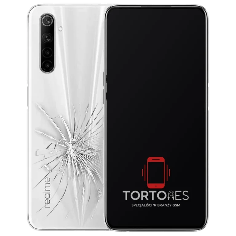 Realme 6 z ilustracją pękniętej tylnej klapki - wymiana zbitej klapki