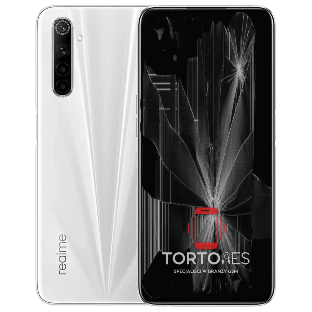 Realme 6 z ilustracją pękniętego wyświetlacza - wymiana zbitego wyświetlacza