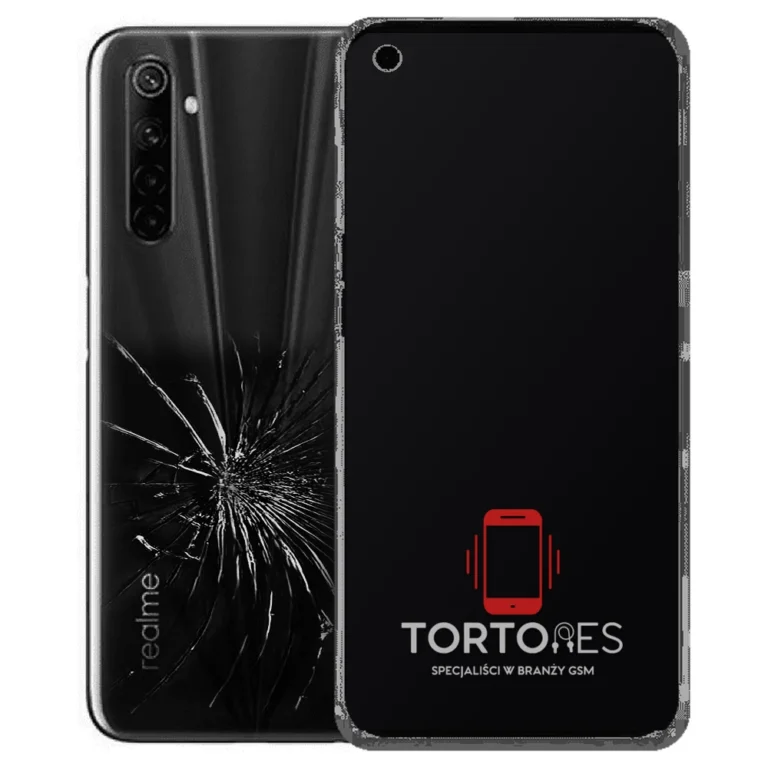 Realme 6s z ilustracją pękniętej tylnej klapki - wymiana zbitej klapki
