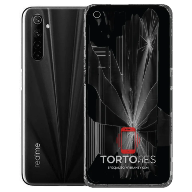 Realme 6s z ilustracją pękniętego wyświetlacza - wymiana zbitego wyświetlacza
