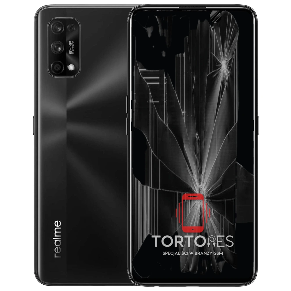 Realme 7 Pro z ilustracją pękniętego wyświetlacza - wymiana zbitego wyświetlacza