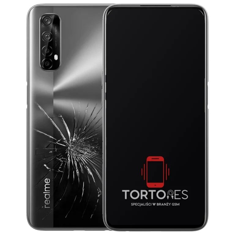 Realme 7 4G z ilustracją pękniętej tylnej klapki - wymiana zbitej klapki