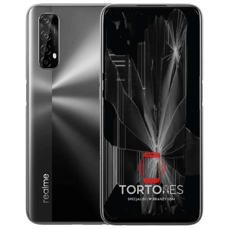 Realme 7 4G z ilustracją pękniętego wyświetlacza - wymiana zbitego wyświetlacza