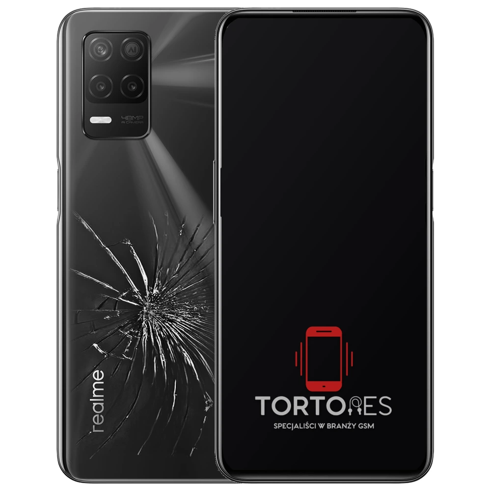 Realme 8 5G z ilustracją pękniętej tylnej klapki - wymiana zbitej klapki