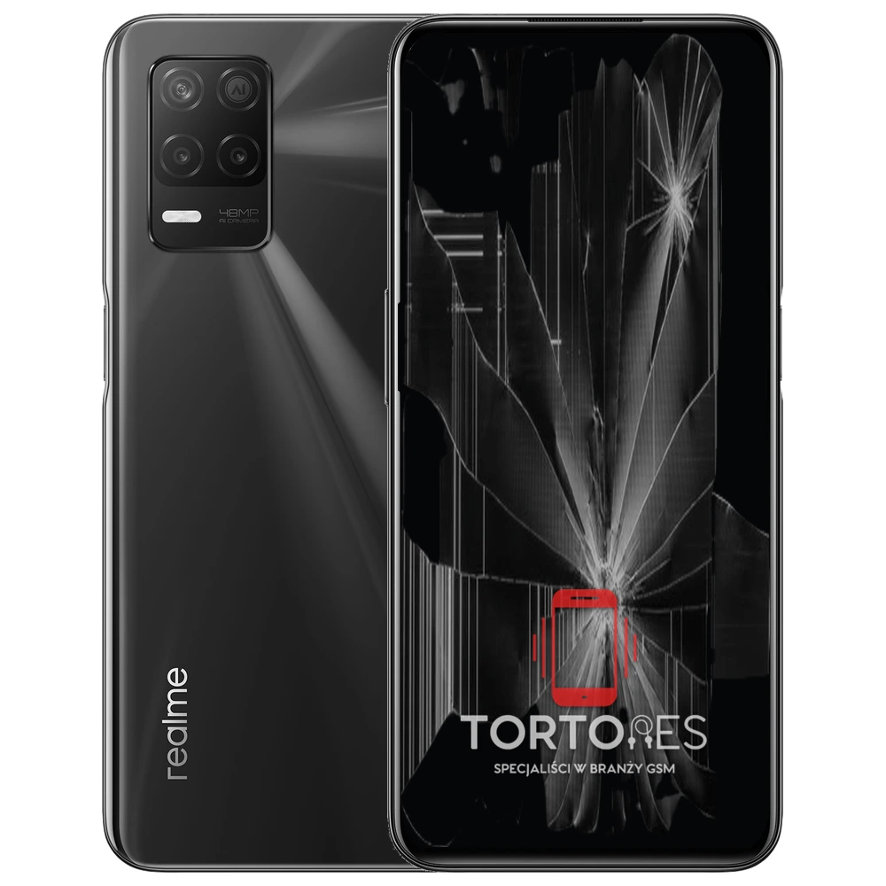Realme 8 5G z ilustracją pękniętego wyświetlacza - wymiana zbitego wyświetlacza