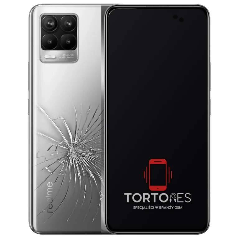 Realme 8 4G z ilustracją pękniętej tylnej klapki - wymiana zbitej klapki