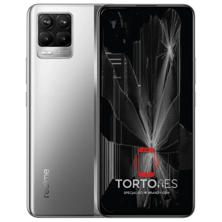 Realme 8 4G z ilustracją pękniętego wyświetlacza - wymiana zbitego wyświetlacza